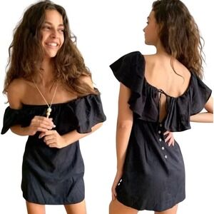 Free People Girl Crush Mini Dress Black Off Shoulder Ruffle Boho Medium